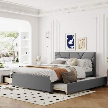 Upholstered Platform Bed with Brick Pattern Headboard, Trundle Bed and 2 drawers-ModernLuxe