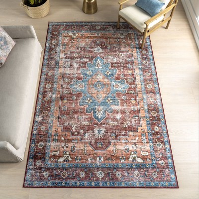 Gray and Rust Synthetic Non-slip Washable 4' x 6' Area Rug