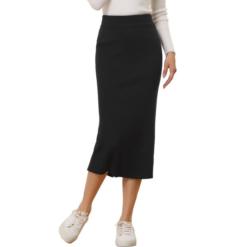 Allegra K Women's High Waist Stretchy Rib Knit Slit Hem Pencil Bodycon Sweater Skirt, 1 of 6