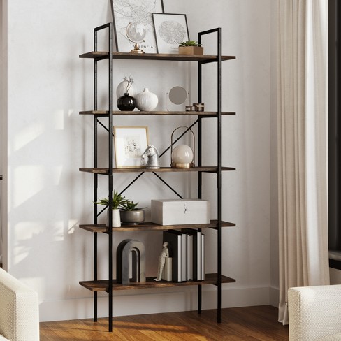 Lavish Home 5 tier Freestanding Bookshelf Open Industrial Style Etagere Wooden Shelving Brown Woodgrain Target