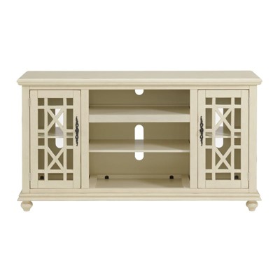 Parisian Antique White 63" Pine & Glass Elegant TV Stand with Cabinet
