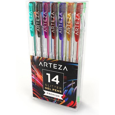 Arteza Gel Ink Colored Pens Set, Glitter, Assorted Colors - Doodle, Draw, Journal - 14 Pack (ARTZ-8015)