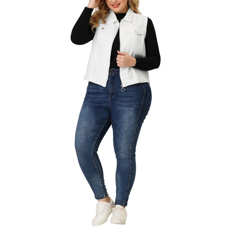 Agnes Orinda Women's Plus Size Trucker Zipper Front Sleeveless Sport Crop Denim Vests, 2 of 7