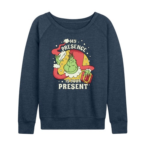 Women s Dr. Seuss The Grinch Christmas Presence Is Your Present Lightweight French Terry Slouchy Heather Indigo X large Target