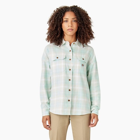 Dickies Women's Long Sleeve Flannel Shirt, Soft Gray Turquoise Plaid (qpt),  : Target