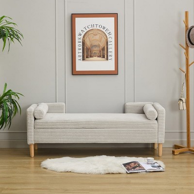 65.35" Corduroy Upholstered Storage Bench with Armrests, Backrest and 2 Bolster Pillows, Ottoman Bench for Bedroom, Living Room, Entryway-Tanpinhause