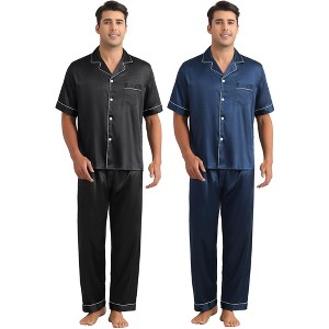 INSPIRE CHIC Men's 2 Pack Satin Pajamas Sets Classic Short Sleeve Sleepwear - 1 of 4