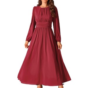 INSPIRE CHIC Women's Crewneck Lantern Long Sleeves A-Line Pleated Chiffon Maxi Formal Dress - 1 of 4