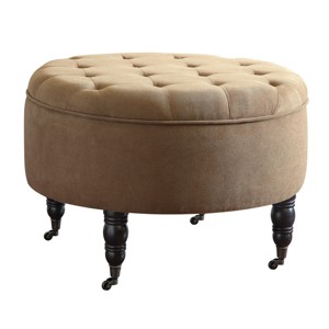 Quinn Round Tufted Ottoman with Storage and Casters Beige - Adore Decor