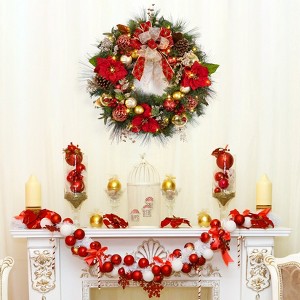 30 Inch Christmas Wreath with Lights for Front Door, Lighted Christmas Wreath with 40 Led Lights Red Gold Balls Pine Cones Bow - 1 of 4