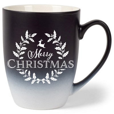 Elanze Designs Merry Christmas Two Toned Ombre Matte Black and White 12 ounce Ceramic Stoneware Coffee Cup Mug