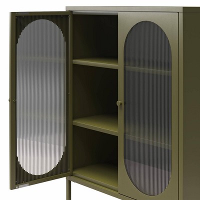 Olive Green Metal Accent Cabinet with Fluted Glass Doors