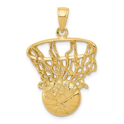 Black Bow Jewelry 14k Yellow Gold Large Swoosh Basketball Through Net Pendant