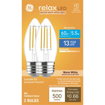 Ge 2pk Relax Warm White 60w Bm Clear: Led B11 Dimmable Light Bulbs, E26 ...