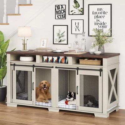 Dog Crate Furniture For 2 Dogs,71" Dog Kennel Furniture With Removable Divider,Indoor Dog Cage Tv Stand,With Sliding Barn Door