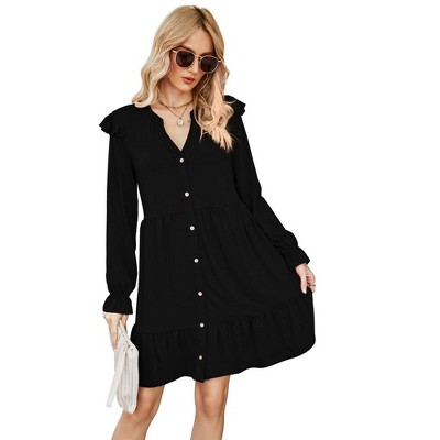 Women’s Fall Dress Casual Ruffle Tiered Long Sleeve Babydoll Mini Dresses Short Swing Skater Dress