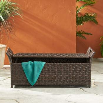 PE Rattan Outdoor Patio Storage Bench with Handles, Outdoor Furniture - Maison Boucle