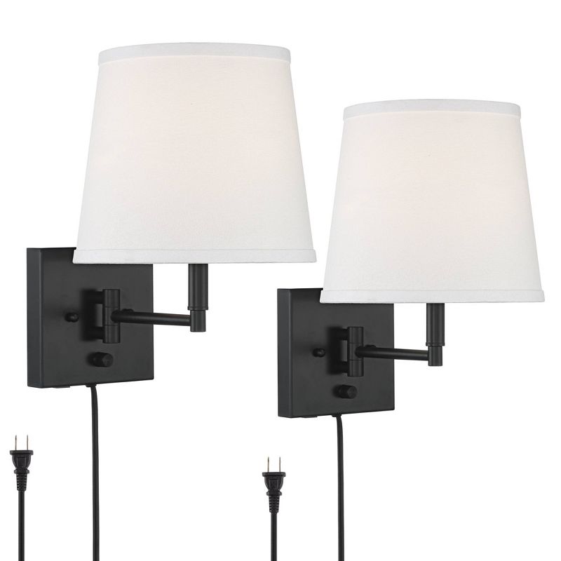 360 Lighting Lanett Modern Swing Arm Wall Lamps Set of 2 Black Plug-in Light Fixture with USB Charging Port White Lamp Shade for Bedroom Living Room, 1 of 10