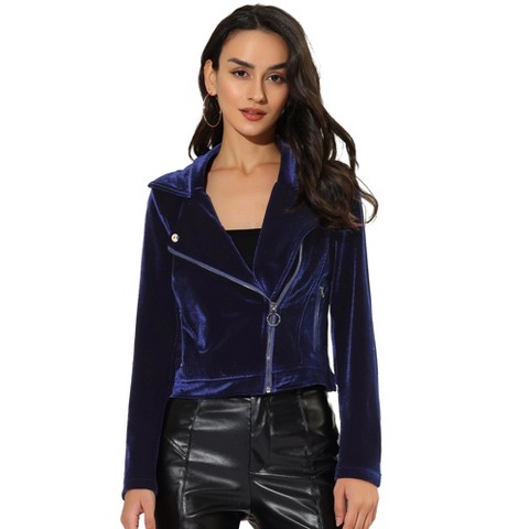 Allegra K Women's Velvet Zipper Lapel Collar Moto Biker Jacket Blue Medium