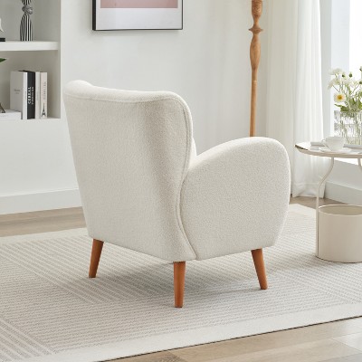 Beige Boucle Wingback Accent Chair with Wood Legs