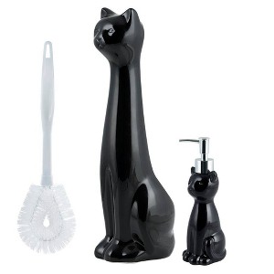 Allure Home Creations 3pc Cat Ceramic Toilet Brush Holder and Plastic Brush with Soap/Lotion Dispenser Cleaning Accessories Set Black - 1 of 4