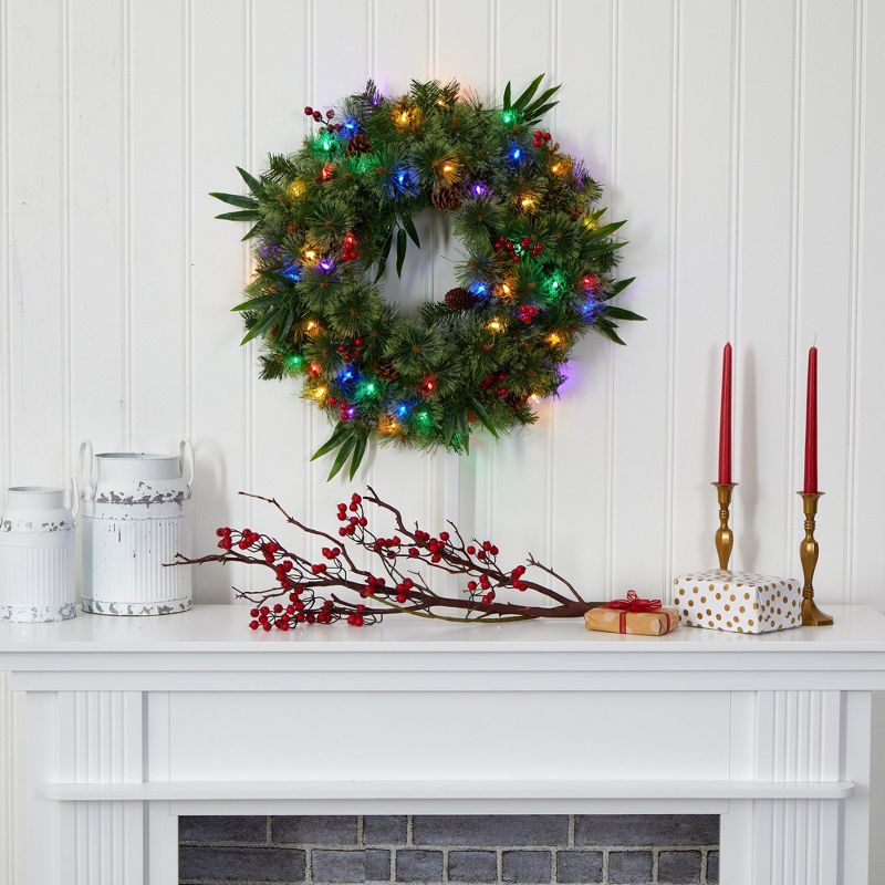 Nearly Natural 24” Mixed Pine Artificial Christmas Wreath with 50 Multicolored LED Lights, Berries and Pine Cones, 4 of 6