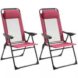 Outsunny Set of 2 Folding Patio Chairs, Camping Chairs with Adjustable Sling Back, Removable Headrest, Armrest for Garden, Backyard, Lawn, Red