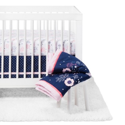 pink and navy baby bedding