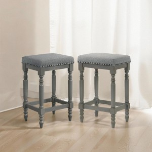 Rustic Wooden Counter Stools Set of 2 with Padded Seat, Nailhead Trim, and Turned Legs for Kitchen, Dining Room, or Bar - 1 of 4