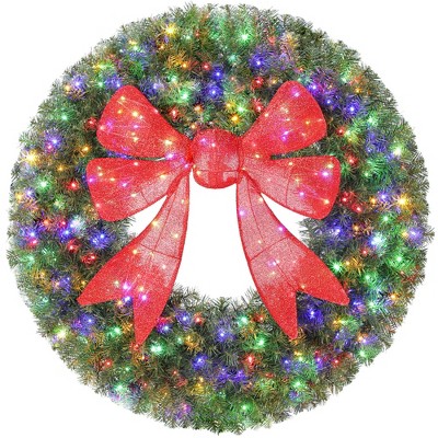 36" Christmas Wreath with 3D Bow and 140 LED Lights, Warm White & Multicolor, 11 Modes