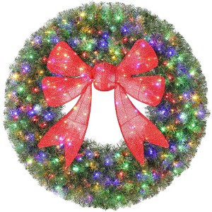 36" Christmas Wreath with 3D Bow and 140 LED Lights, Warm White & Multicolor, 11 Modes - 1 of 4