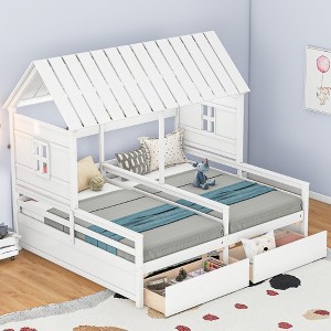 Twin Size House Platform Bed Frame Shared Beds with Two Drawers, Combination of 2 Side by Side Twin Size Beds, White/Gray-ModernLuxe - 1 of 4