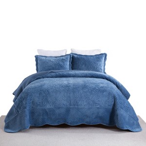 Marcielo Velvet Oversized Embroidery 3 Pcs Bedding Set Includes Quilt and Shams - 1 of 4