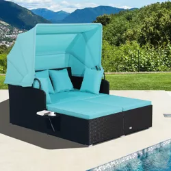 Costway Patio Rattan Daybed Lounge Retractable Top Canopy Side Tables Cushions Turquoise