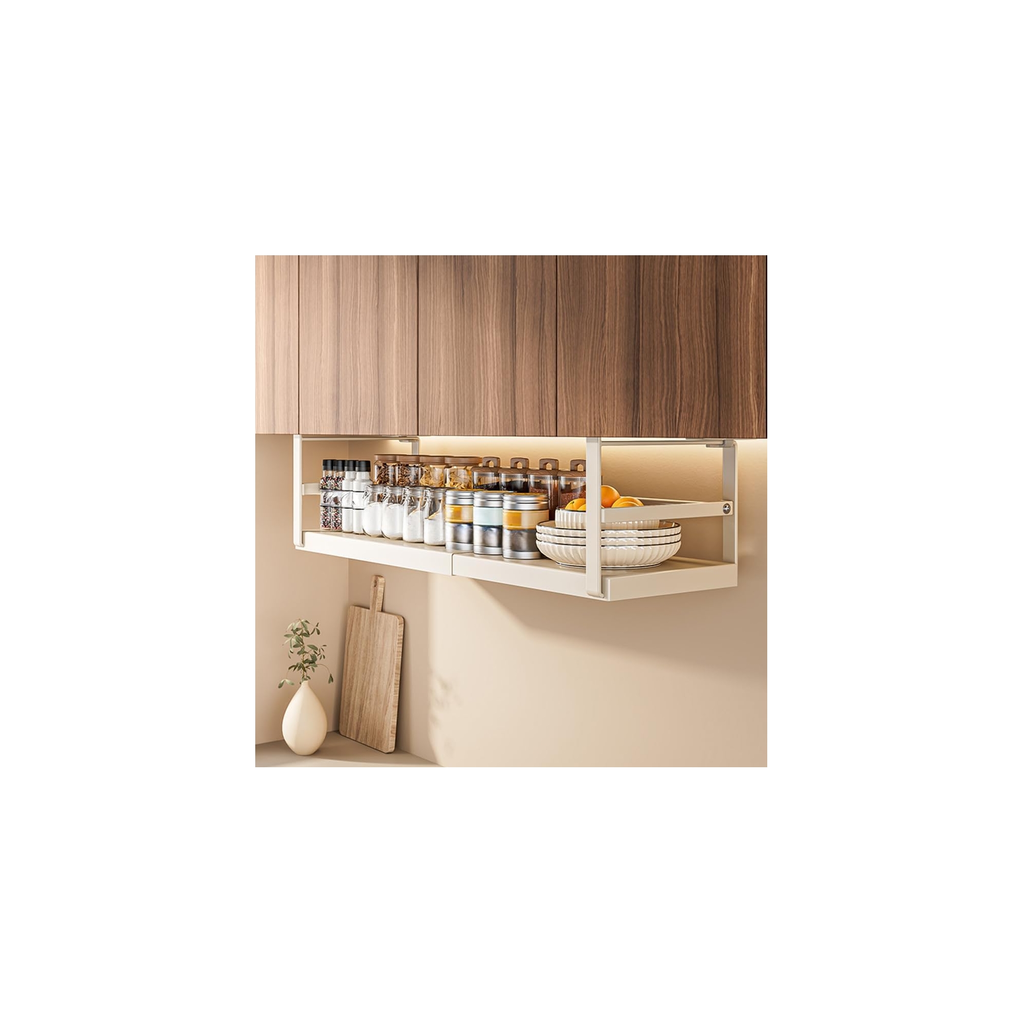 Expandable White Hanging Storage Basket - 22""D (27-45""L) Under-Cabinet Organizer for Kitchen, Pantry & Laundry - No Drilling Required