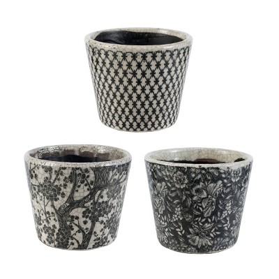 Elegant Blue Floral Naturespire Ceramic Planters, Set of 3
