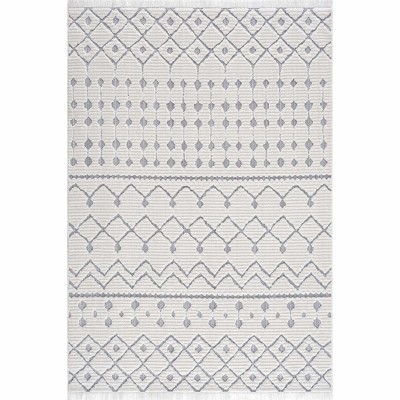 Hauteloom Ivory Gray Beil Textured Trellis Fringe Area Rug