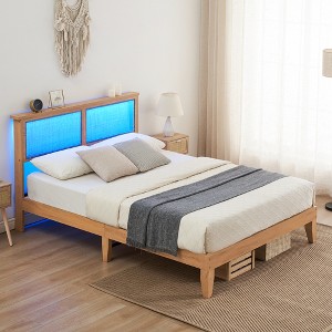 Platform Bed Frame, Modern Rattan Headboard Bed Frame, Strong Wooden Slats, Wooden Legs Support, Noise-Free, No Box Spring Needed - 1 of 4