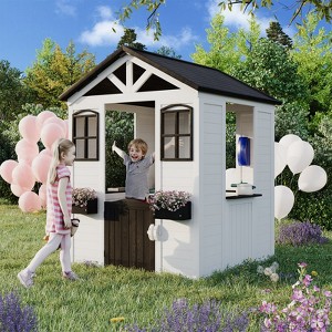 Outdoor Wooden Playhouse For Kids, Outdoor Garden Pretend Play Games, Adventure Cottage, With Working Door, Windows, Service Station - 1 of 4
