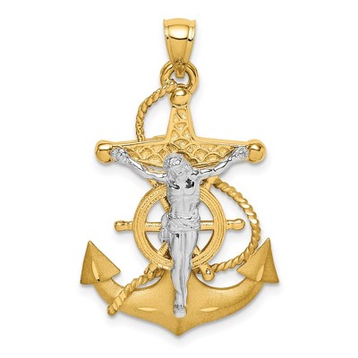 Black Bow Jewelry 14K Two-Tone Gold 3D Mariner Crucifix Cross Pendant, 21 x 34mm