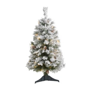 3ft. Flocked Pine Artificial Christmas Tree with Pinecones & 50 Clear LED Lights – Petite Holiday X-Mas Accent Tree - 1 of 4