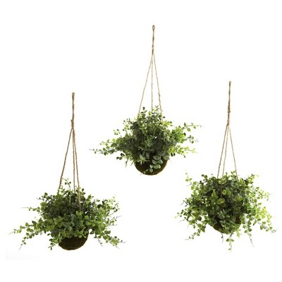 Set of 3 Green Faux Eucalyptus and Maiden Hair Hanging Baskets