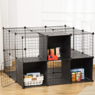 Black Metal Multi-Level Cat Playpen with Ramps and Storage