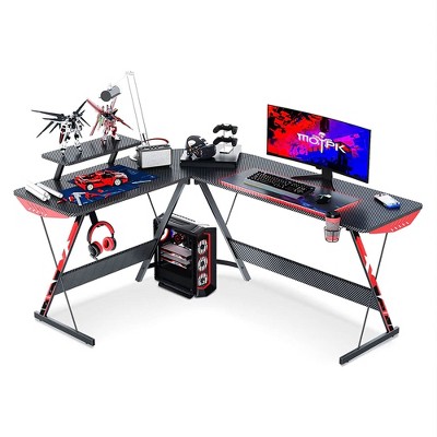 MOTPK 51 Inch L-Shaped Carbon Fiber Computer Gaming Desk with Raised Monitor Shelf, Built In Cup Holder, Headphone Hook, & Y-Shape Metal Frame, Black