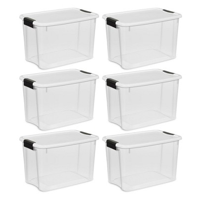 Image of Sterilite 30 Qt Ultra Latch Box, Stackable Storage Bin with Lid, Plastic Container with Heavy Duty Latches to Organize, Clear and White Lid, 6-Pack