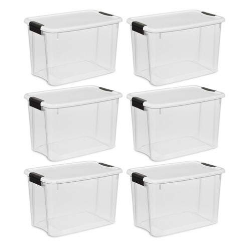 Sterilite 30 Quart Clear Plastic Stackable Storage Container Bin Box Tote  with Latching Lid Organizing Solution for Home & Classroom, White (6 Pack)
