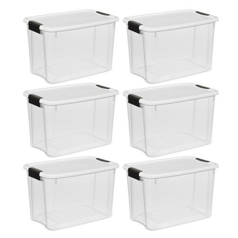 Sterilite 30 qt Clear Plastic Stackable Storage Bin with Grey Latch Lid, 6 Pack