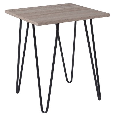 Merrick Lane Contemporary Square Driftwood Grain Finish End Table with Black Retro Hairpin Legs