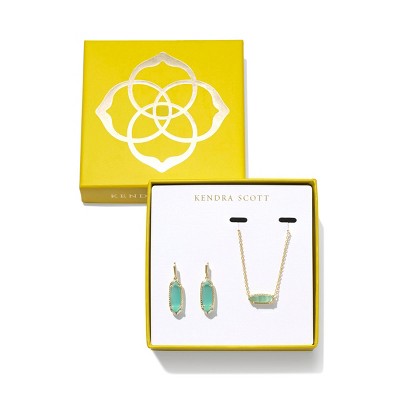 Kendra Scott Eva Pendant Necklace and Drop Earrings - Teal Cat's Eye Glass: 14K Gold Over Brass, Lobster Claw Clasp
