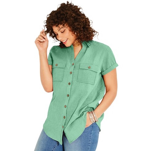 Roaman's Women's Plus Size Seersucker Big Shirt - 40 W, Green : Target